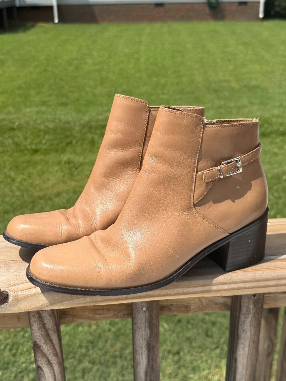 Lauren Scott Tan Leather Ankle Boots Buckle Block Heel Quiet Luxury 7.5 3918